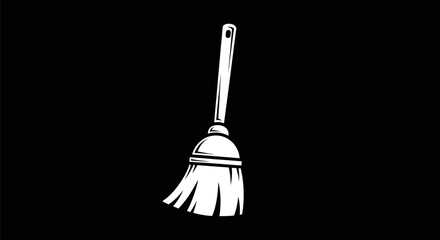 Simple white line art illustration of a classic sweeping broom.