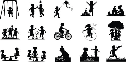 Silhouettes of children playing outdoors and indoors, jumping rope, swinging, biking, drawing, flying kites, playing games, enjoying activities.