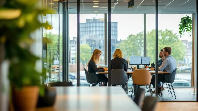 A modern office meeting scene captured from a side angle, showcasing teamwork and collaboration. Ideal for a corporate video setting.