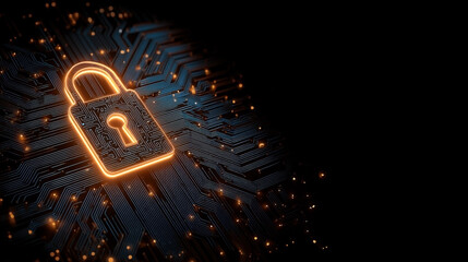 Cybersecurity: Luminous lock symbol on sophisticated circuit board backdrop