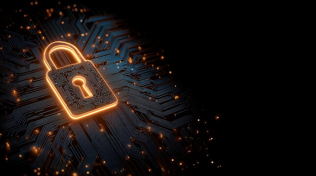 Cybersecurity: Luminous lock symbol on sophisticated circuit board backdrop