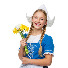 Smiling girl in traditional Dutch costume holding spring flowers, isolated on a transparent background.  PNG image, showcasing springtime, Dutch culture, and youthfulness.