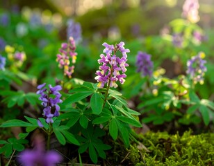 Fototapeta premium Vibrant wildflowers in a sunlit forest