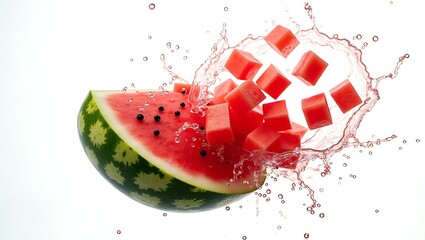 Juicy watermelon slices exploding with water droplets