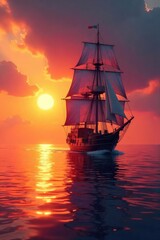 A majestic sailing ship glides across a calm ocean under a vibrant sunset, its sails full and gleaming  The tranquil scene evokes a sense of peace and adventure ,  idyllic,  nature,  elegant