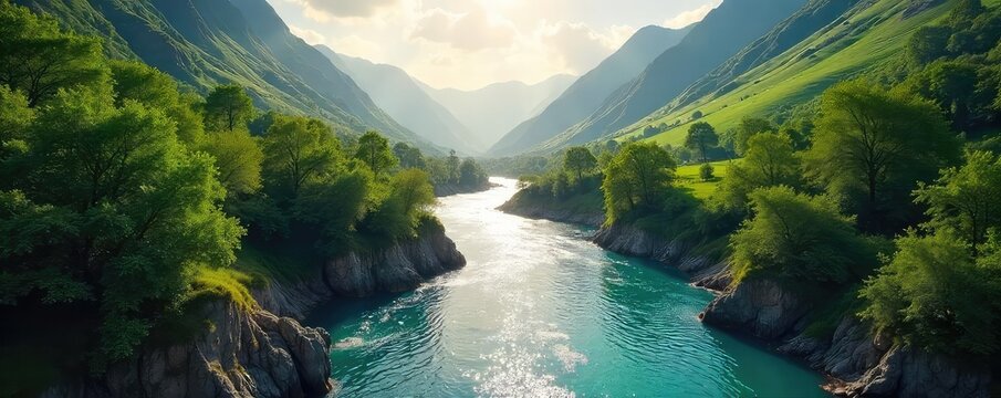 A majestic river flows triumphantly through a lush green valley, sunlight illuminating its sparkling waters The scene evokes a sense of accomplishment and natural beauty , wildlife, water, current
