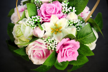 Stunning Handmade Soap Bouquets Shaped Flowers and Berries on a Black Background, Perfect for Unique Gifts and Home Decor.
