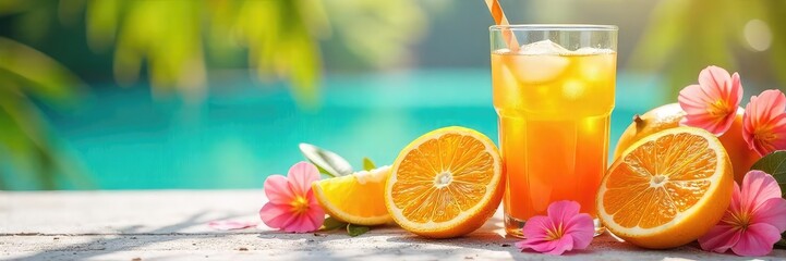 A refreshing summer scene featuring sun-kissed citrus fruits, vibrant flowers, and a cool drink, perfect for summer care tips and product promotions ,  tropical,  care