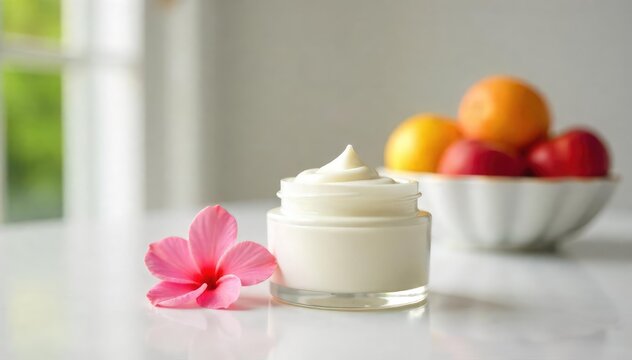 A jar of luxurious, thick cream sits on a pristine white countertop, next to a bowl of fresh fruit and a blooming flower, suggesting a relaxing, pampering experience , pampering, white, fresh