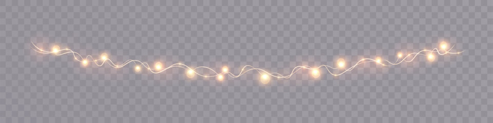Warm, glowing golden Christmas garlands with soft round lights on a transparent background. Perfect for festive designs, holiday banners, party decorations, invitations, posters, and seasonal projects