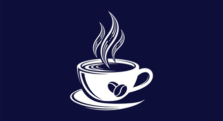 Elegant white line art illustration of a hot coffee cup.