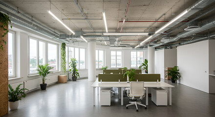 "Design a sustainable empty office interior focused on natural light, energy efficiency, and modular furniture."