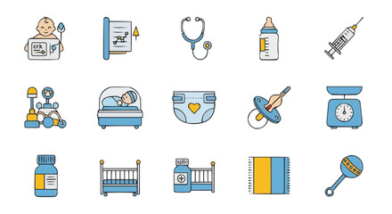 Pediatrics medical icons set, healthcare symbols for children and infants, pediatrician clinic illustrations for medicine and hospital services