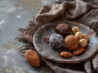 Fototapeta premium chocolate truffles and nuts on rustic plate soft 2