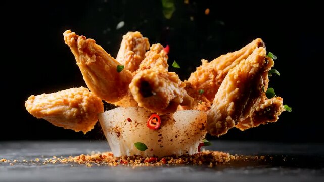 Crispy Fried Chicken Wings in White Bowl with Spices and Garnish against Dark Background