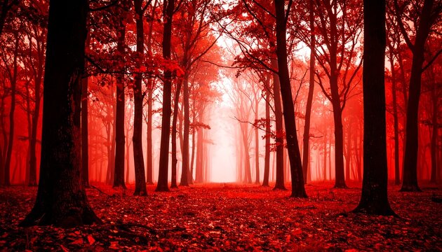 A vibrant red forest path