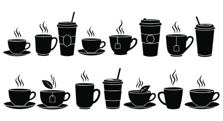 Black and white tea and coffee cups with steam, perfect for menu design or shop branding