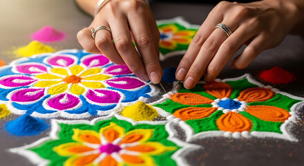 Hands with rings meticulously crafting a vibrant floral rangoli with colorful powders.