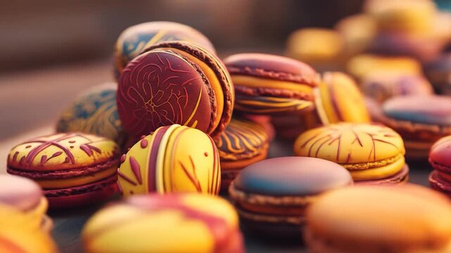 Gourmet Macarons: A close-up shot of a delightful arrangement of gourmet macarons, showcasing their vibrant colors, intricate designs, and the soft textures of these classic French treats.