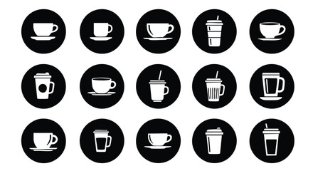 Modern coffee icon set for cafe branding and menu design projects, black and white minimalist graphics