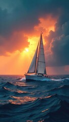 A lone sailboat bravely navigates stormy seas, symbolizing hope and the triumph over adversity A powerful image representing resilience and finding safety amidst chaos , boat, redemption