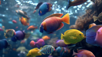 Fototapeta premium Underwater Kaleidoscope: A mesmerizing view of vibrant, colorful fishes gracefully navigate a bright aquarium, bringing joy and wonder. 