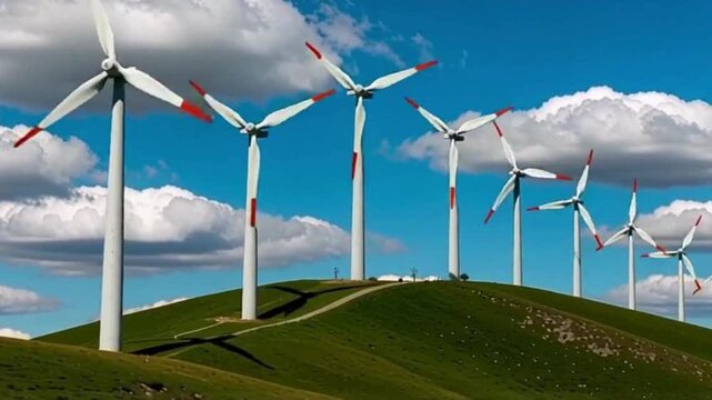 Wind turbines spinning on a green hillside under bright blue sky with fluffy white clouds, renewable energy concept, eco-friendly power generation, cinematic wide-angle view, perfect for sus