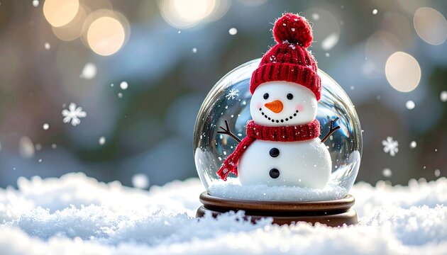 Festive snowman in a snow globe sits in soft snow with bokeh lights and falling flakes