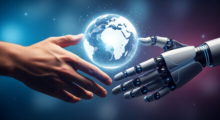 Human and Robotic Hands Gently Grasping a Glowing Digital Globe.