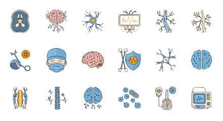 Neurology and Brain Health Icons Pack with Neurons And Brain Scan Etc.