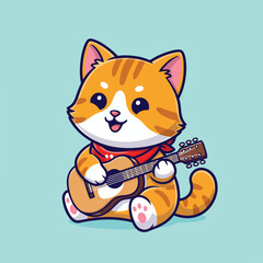A cartoon orange tabby cat with a red bandana plays an acoustic guitar sitting on a light blue background