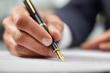 Businessman's hand signing document sitting in office, holding pen and writing on paper. 