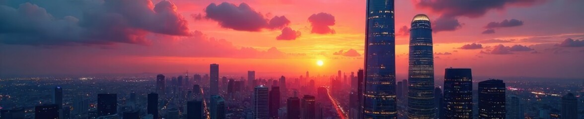 Fototapeta premium Majestic Skyscraper at Sunset Glass Facade Reflecting Fiery Hues of Twilight Sky over Cityscape