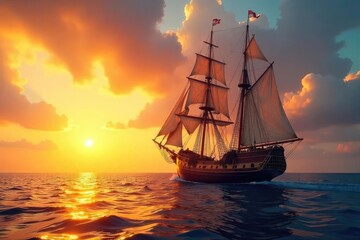 Obraz premium Majestic Sailing Ship at Sunset, Calm Ocean, Golden Hour, Billowing Sails, Classic Sailing Vessel, Tranquil Seascape