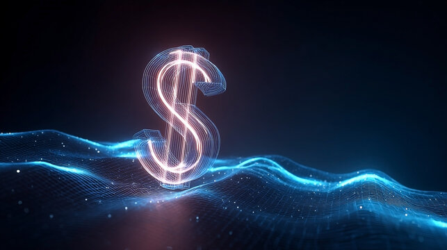 Digital dollar symbol hovering over glowing energy waves in a dark scene