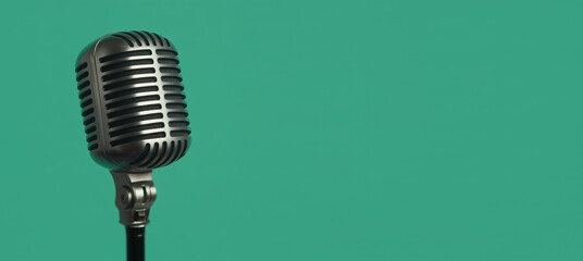 Retro style microphone on a bright simple green background, place for text, banner.