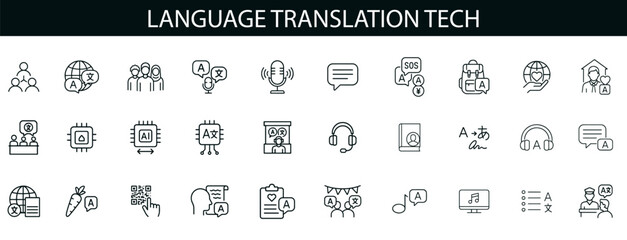 Language Translation Tech Icon Set for Multilingual Communication, AI Tools, and Global UI Design