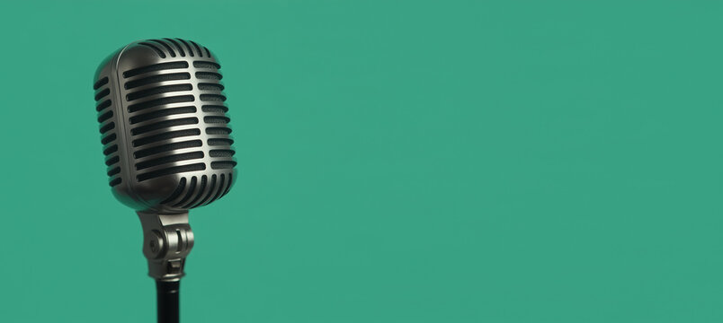 Retro style microphone on a bright simple green background, place for text, banner.