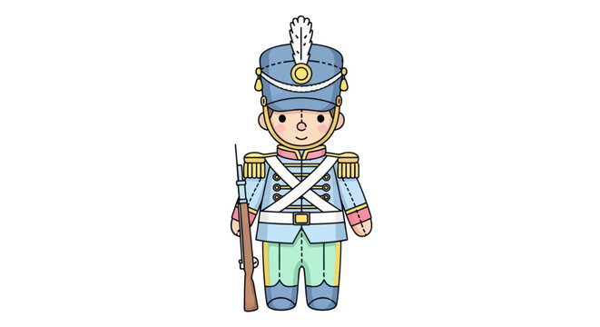 Cute cartoon toy soldier in a blue Napoleonic-era uniform holding a rifle.