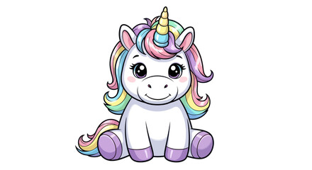 Adorable cartoon unicorn with rainbow mane and tail sitting. © Maryati