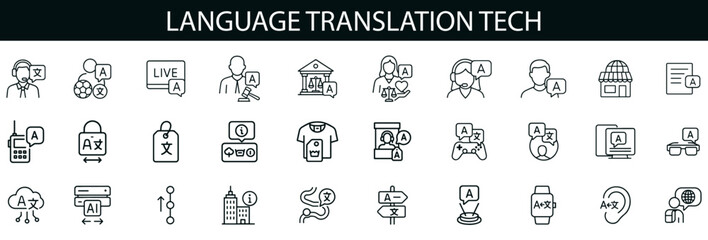 Language Translation Tech Icon Set for Multilingual Apps, AI Speech Tools, and Global UI Design