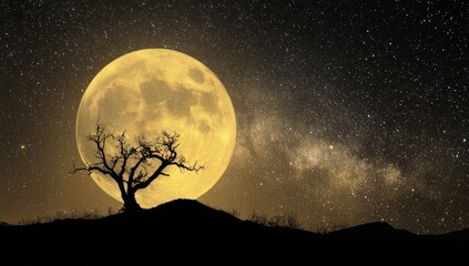 Silhouette of a lone tree against a giant full moon and the Milky Way galaxy in a starry night sky.