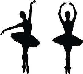 Graceful ballet dancers silhouette performing classic ballet poses, elegant tutu skirts, pointe shoes, artistic dance, graceful movements vector illustration. © miss