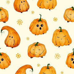 Kids Halloween repeating pattern with cartoon gourds and smiling pumpkins on a light beige background.