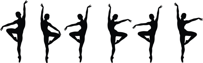 Graceful ballerina silhouettes in elegant poses, vector illustration of ballet dancers expressing art, beauty, movement, balance, poise, and dance performance.