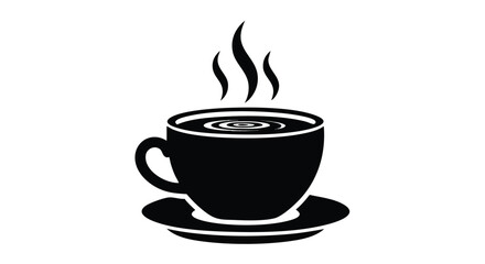 Enjoy a hot cup of coffee or tea with steam, a simple black and white graphic illustration