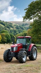 Naklejka premium A red tractor expertly mows grass in a vibrant field, surrounded by trees and distant hills, all under an expansive blue sky