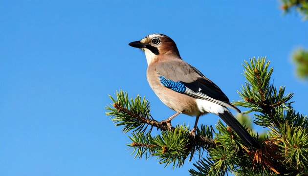 Eurasian jay perched gracefully on a vibrant conifer branch against sky