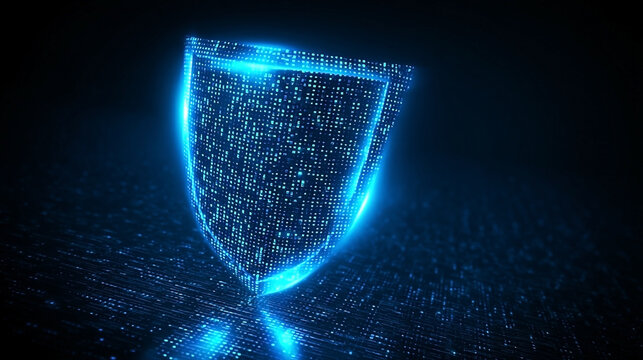 Cybersecurity shield concept with glowing neon outlines and digital grid - Powered by Adobe