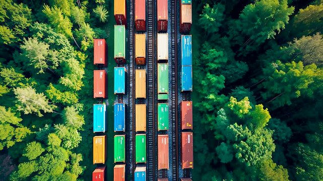 Aerial view of colorful freight train containers on parallel railway tracks surrounded by dense green forest landscape in summer sunlight